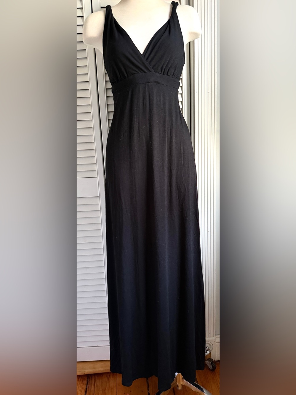 XS🖤 Three Dots Twist Strap Black Fitted Maxi Dress Soft Viscose Rayon & Spandex